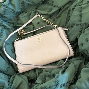 Tory Burch Cream Pebbled Leather Crossbody with Gold Chain
